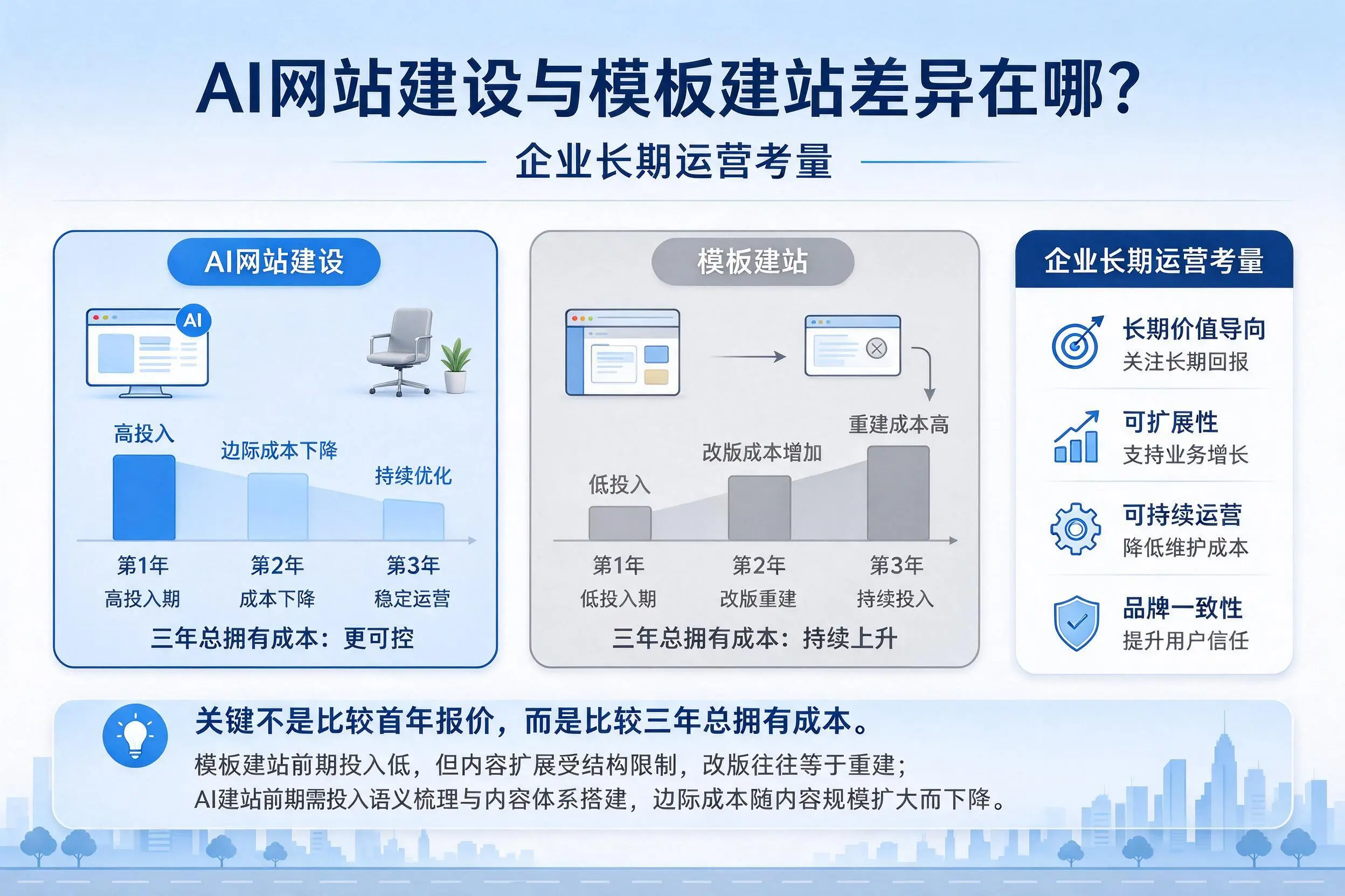 AI网站建设与模板建站差异在哪？渭南企业长期运营考量